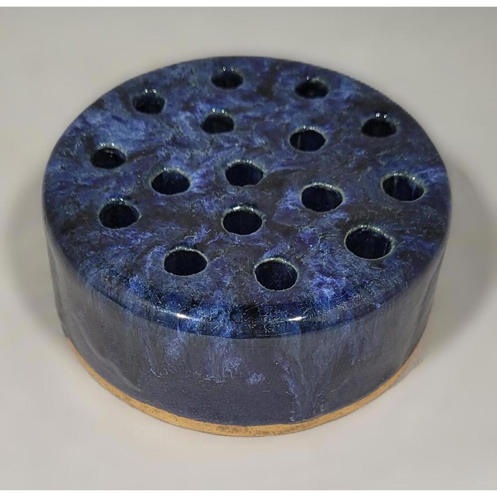 Unmarked Blue Glazed 16-Hole Pottery Flower Frog